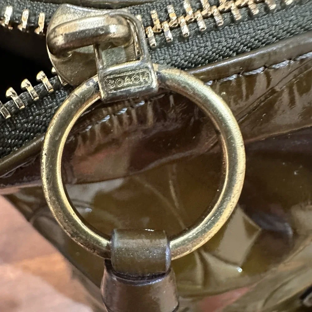 Coach Olive Green Op Art Embossed Patent Leather Madison Satchel Tote Bag